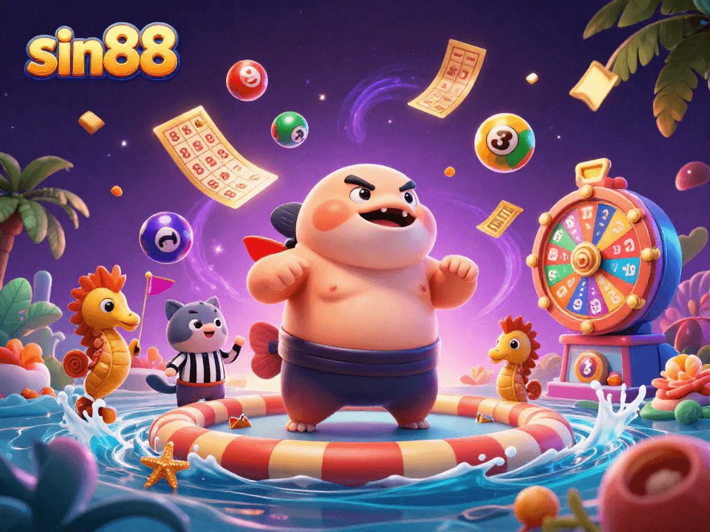 Experience exhilarating gaming at sin88 with a vibrant casino scene featuring lively characters and prizes.