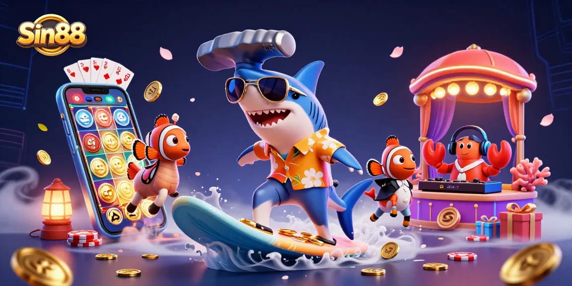 Spin and win with Sin88 in a vibrant 3D casino illustration showing excitement and adventure.