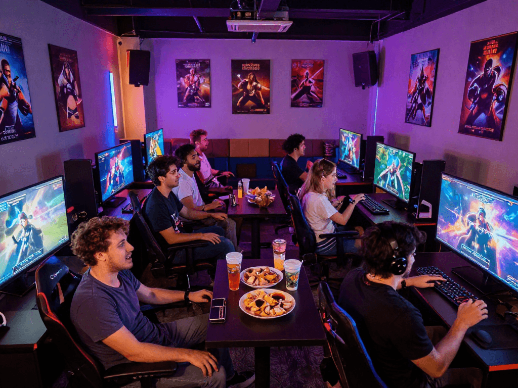 Engaged group playing immersive porn games in a vibrant gaming lounge.