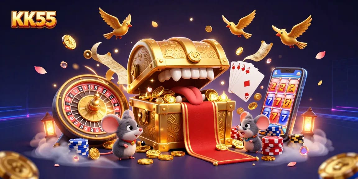 Experience the thrill of KK55's vibrant casino scene, winning big with spinning roulette and golden treasures.