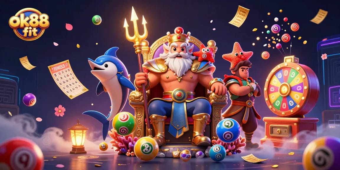 Win big with ok88 fit as Neptune and his companions celebrate casino thrills in a vibrant scene