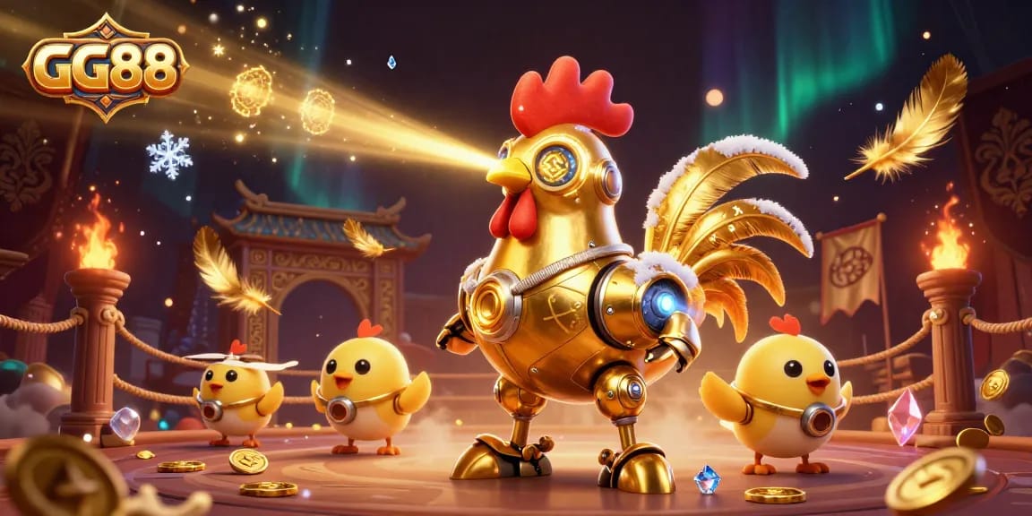 Engage with GG88's thrilling online casino experience featuring golden rooster robot and vibrant game elements.