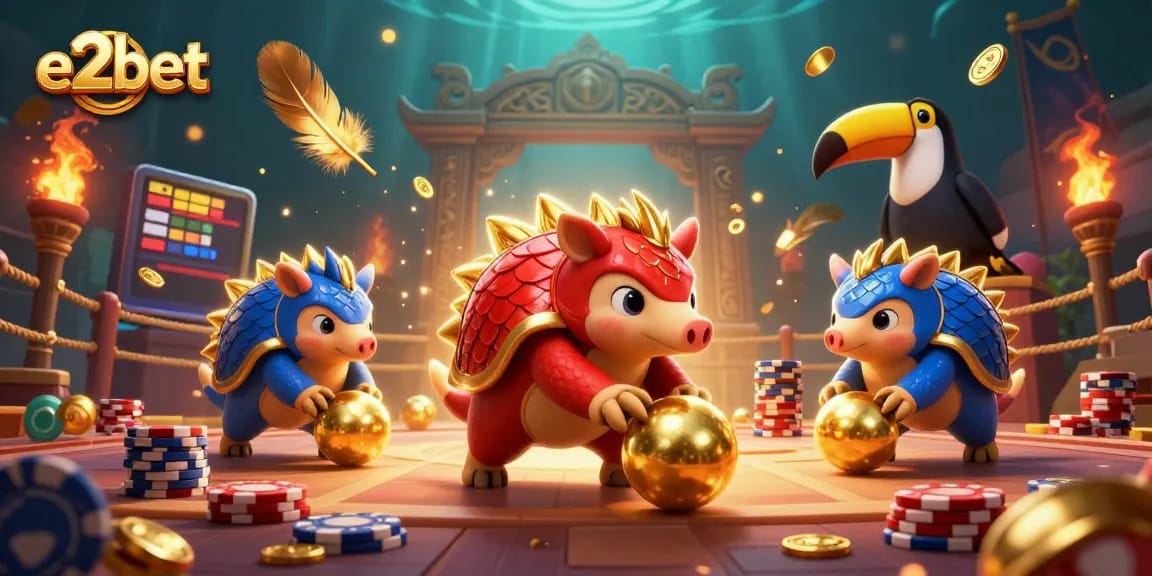 Experience thrilling gameplay at e2bet with rival pangolins in a vibrant casino scene.
