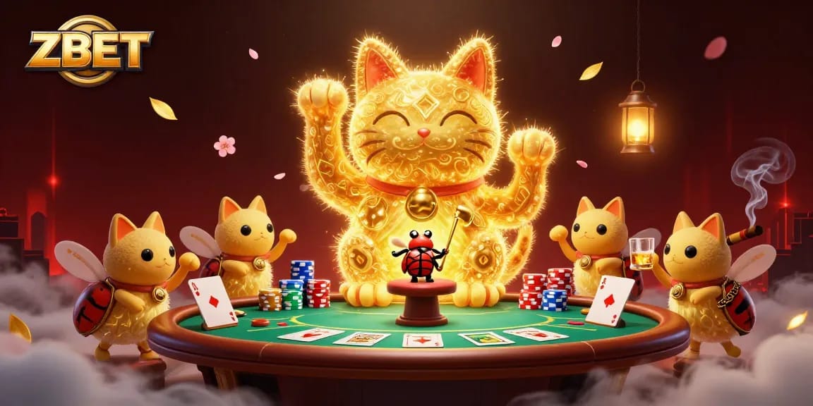 ZBET captivates with a vibrant 3D illustration of a lucky cat and poker elements igniting excitement in gambling.