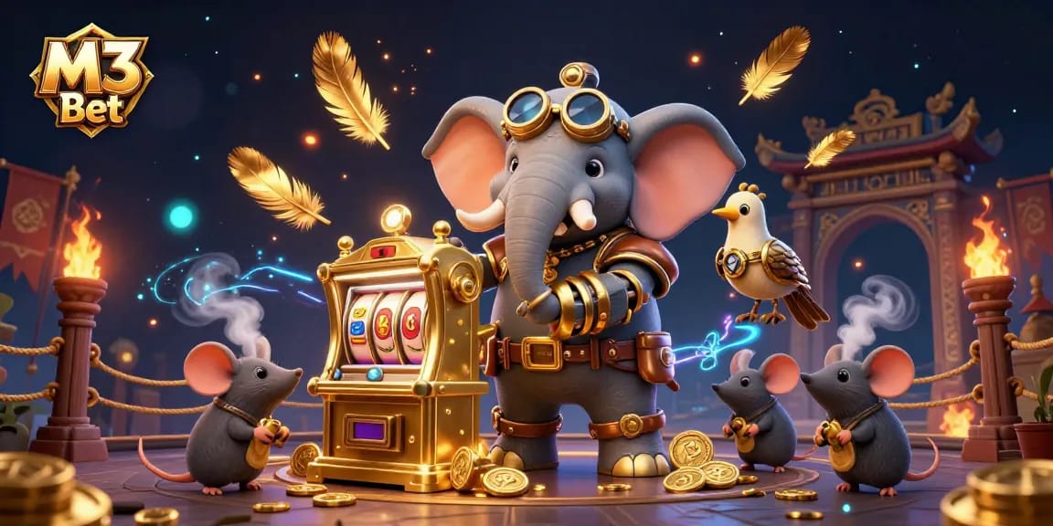 Spin the golden slot machine with M3 Bet at the heart of an immersive steampunk casino scene.