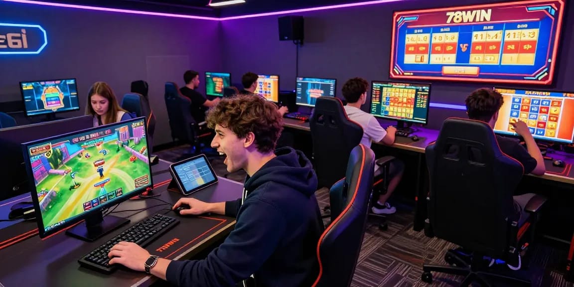 Players enjoying thrilling games at 78win's vibrant online gaming lounge.