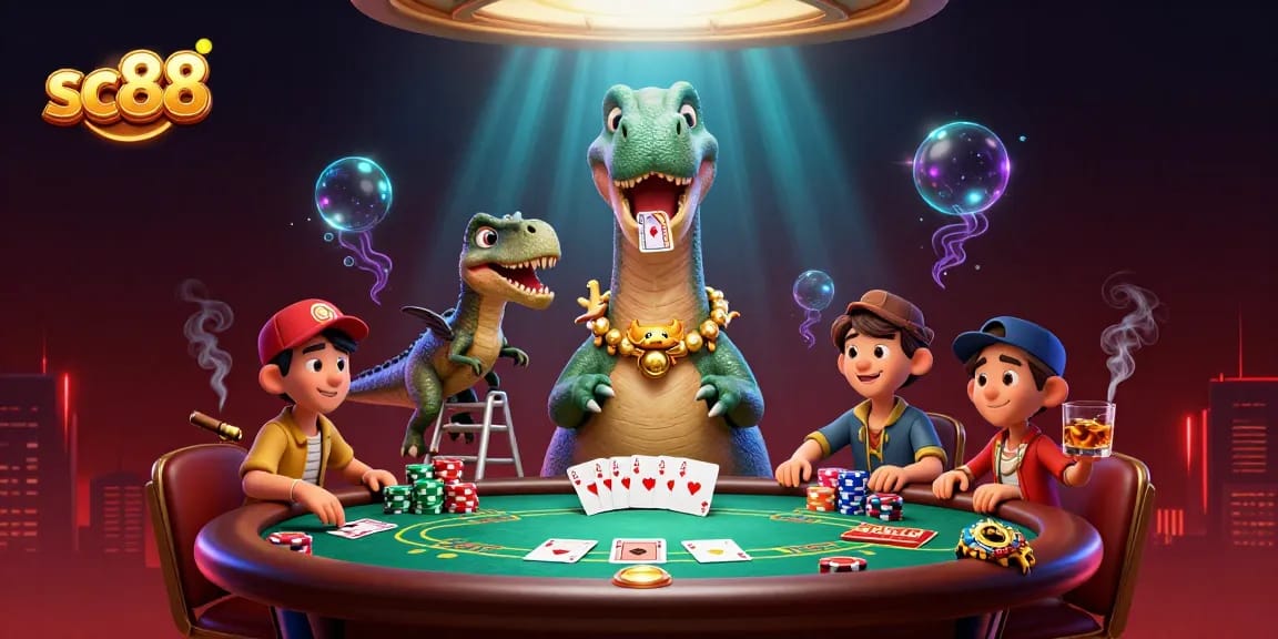 sc88 showcases a vibrant 3D casino scene with dynamic poker action and imaginative dinosaur elements