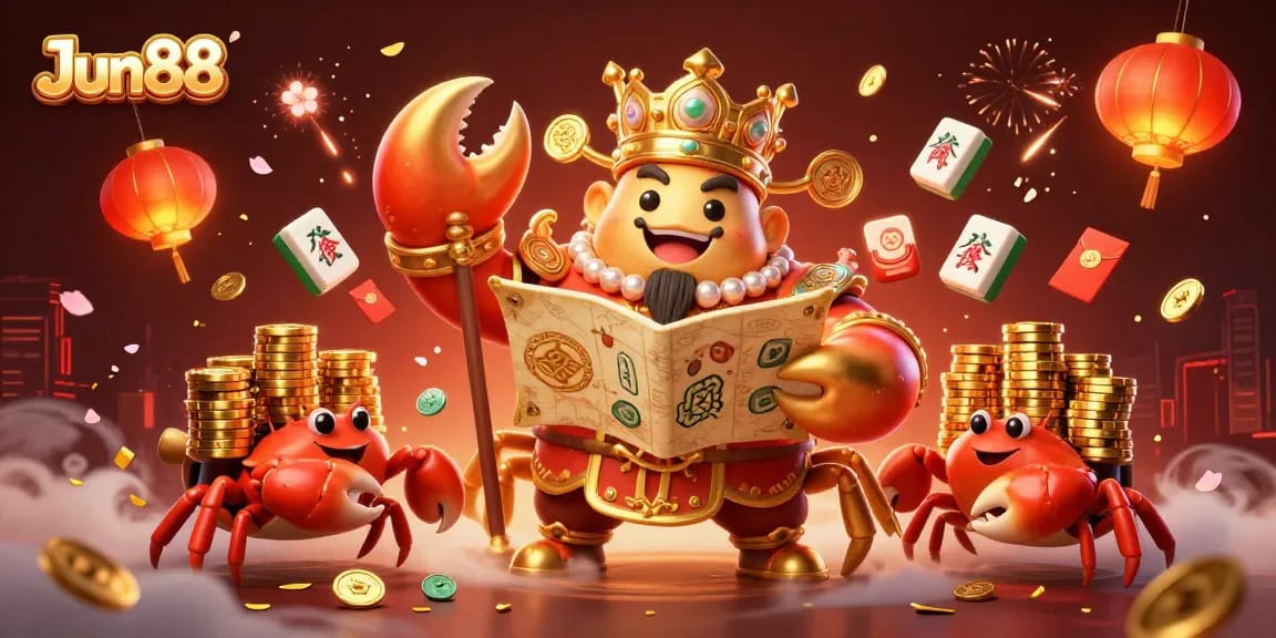 Jun88 showcases a vibrant 3D illustration of a golden crab emperor amidst dynamic gambling elements.