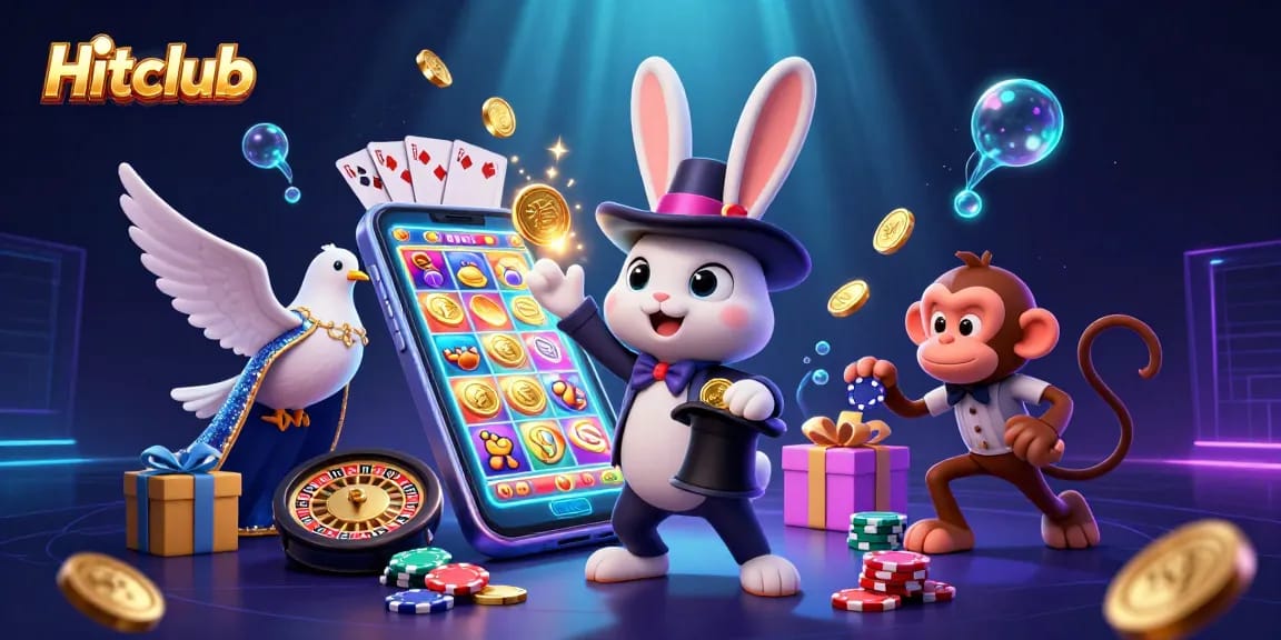 Experience the excitement of Hitclub with a vibrant 3D illustration showcasing a magician, dove, and monkey amidst casino elements.