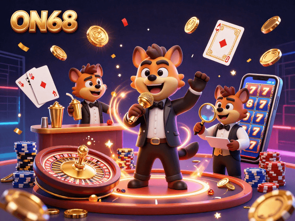 Experience winning moments at ON68 with hyenas in a casino scene mixing drinks and telling jokes.