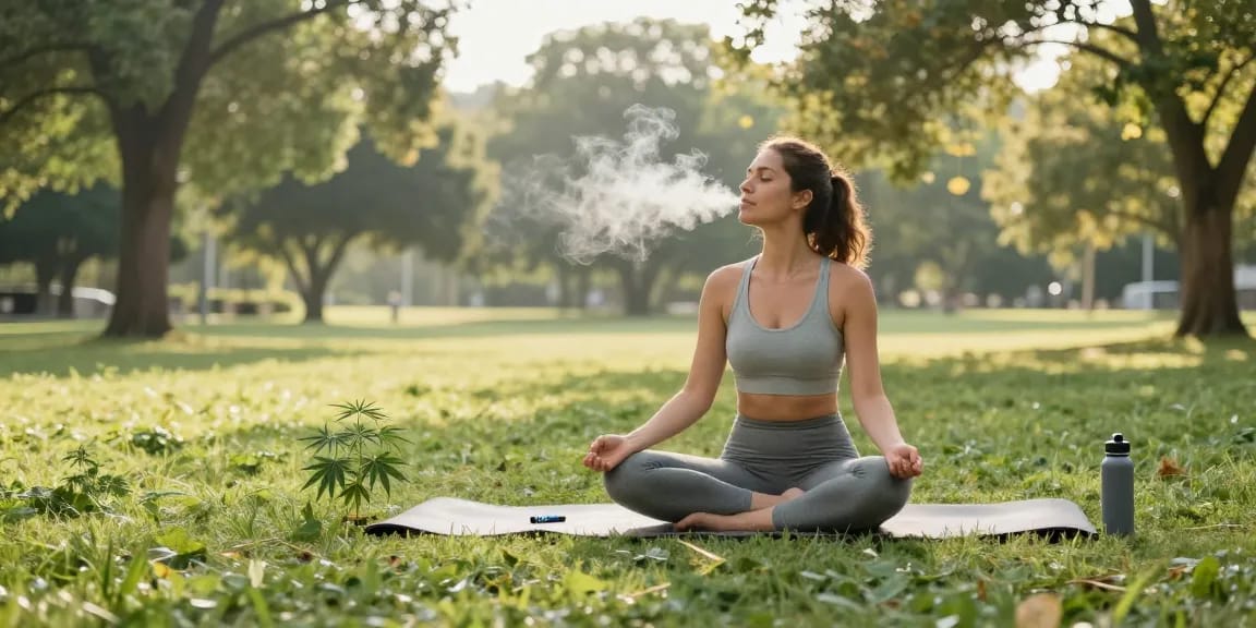 Learn How To Vape for a relaxing wellness experience with CBD, showcasing a peaceful yoga session outdoors.