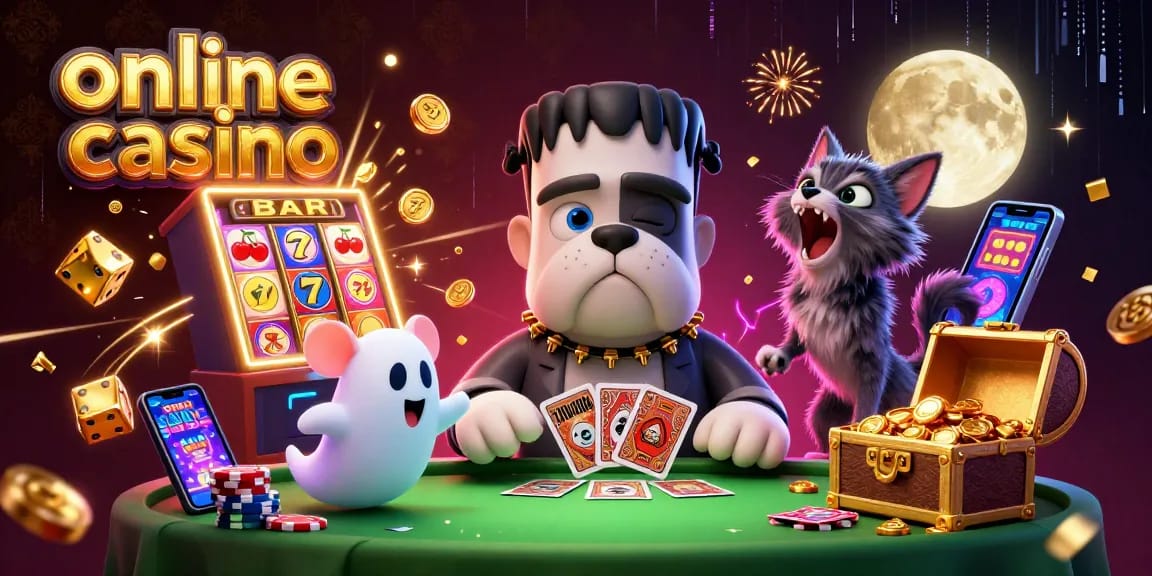 Play cards with a Frankenstein bulldog at an engaging online casino table surrounded by dynamic game elements.