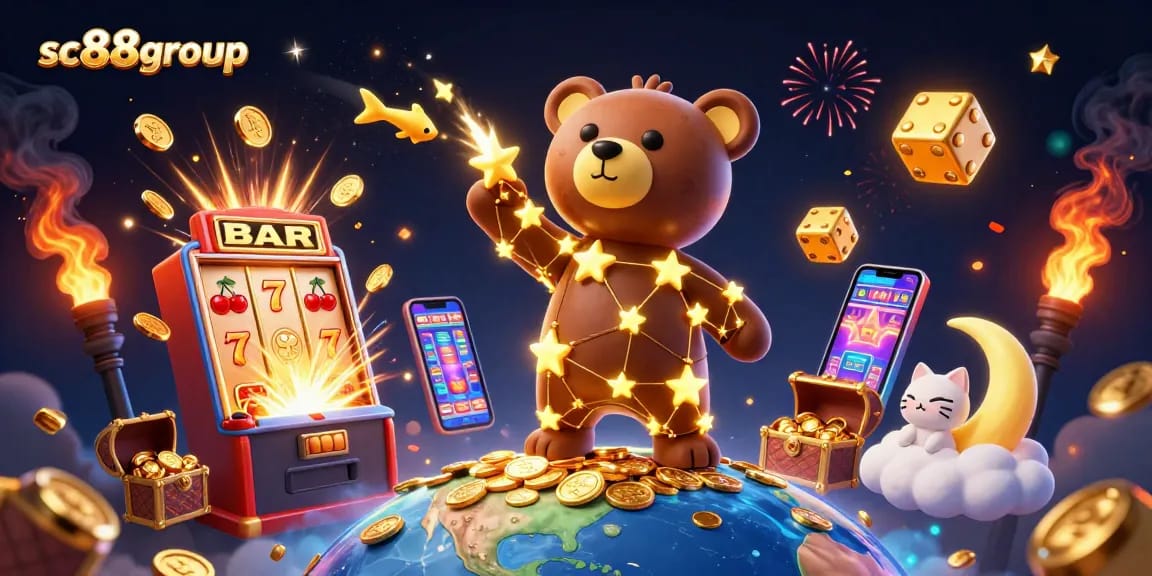 Experience the thrilling world of sc88group with a vibrant casino-themed illustration showcasing gaming excitement.