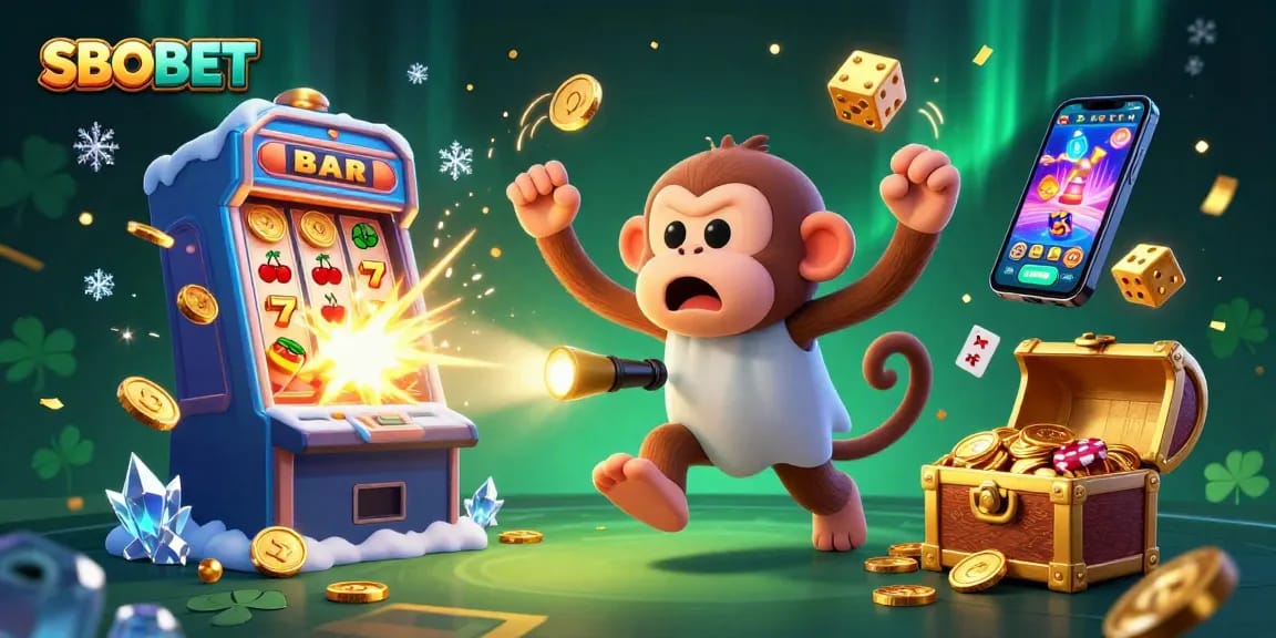 SBOBET engages players with a thrilling scene of a mischievous poltergeist monkey and ghost-hunter puppy in a dynamic casino.
