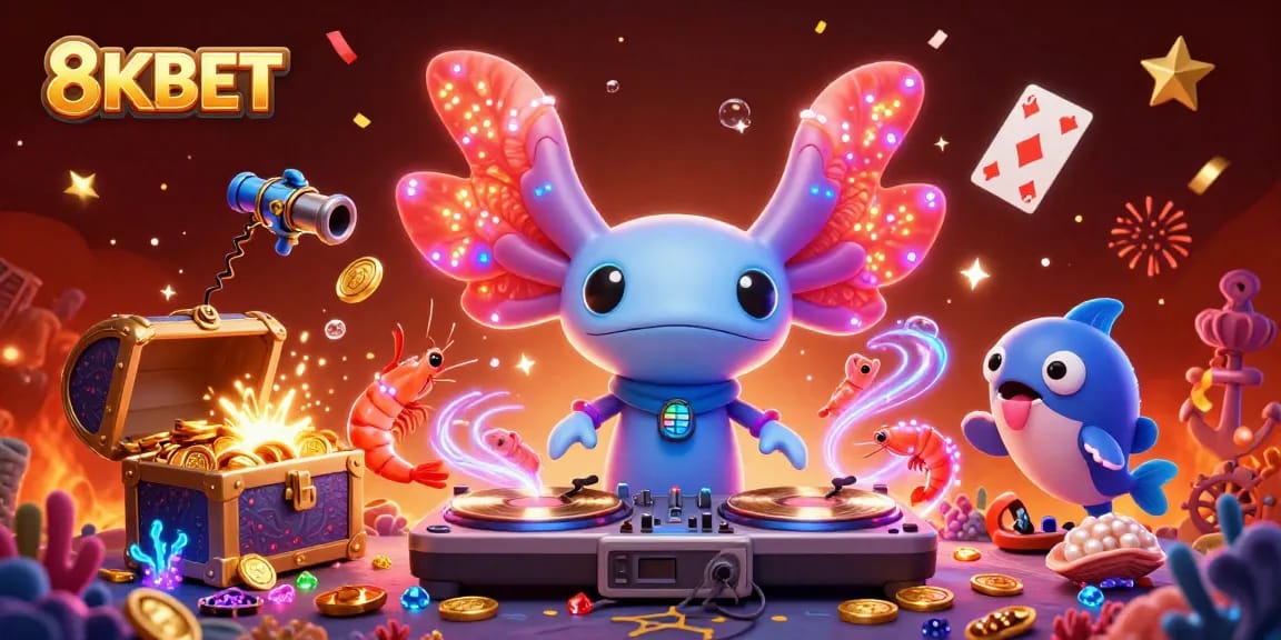 Enhance your gaming journey with 8KBET's vibrant underwater casino vibe featuring colorful characters and dynamic game elements.