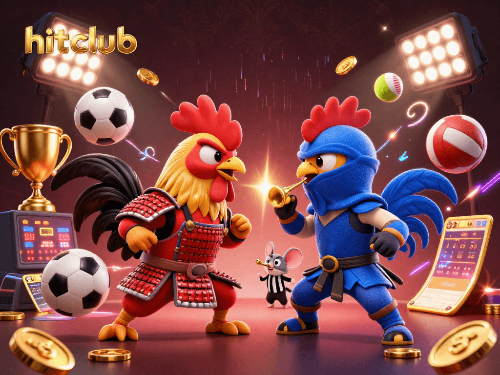 Engage with hitclub's thrilling betting showdown featuring animated roosters and dynamic sports elements.