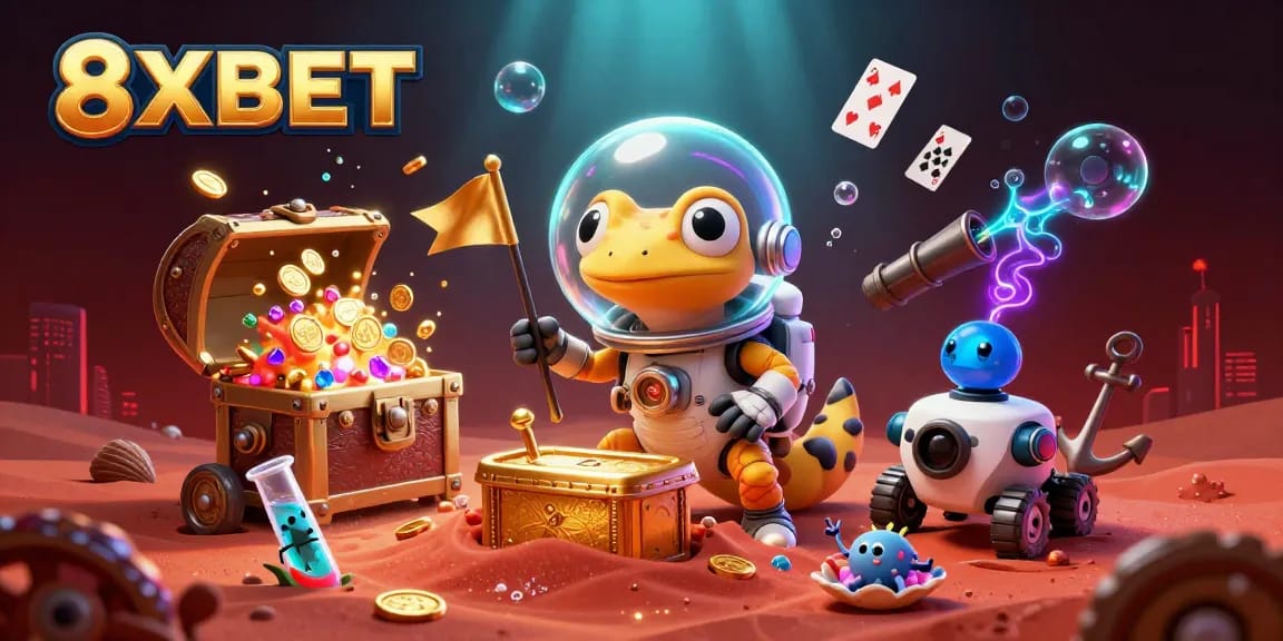 8XBET Martian gecko discovers a golden casino, immersing players in vibrant gambling adventures.