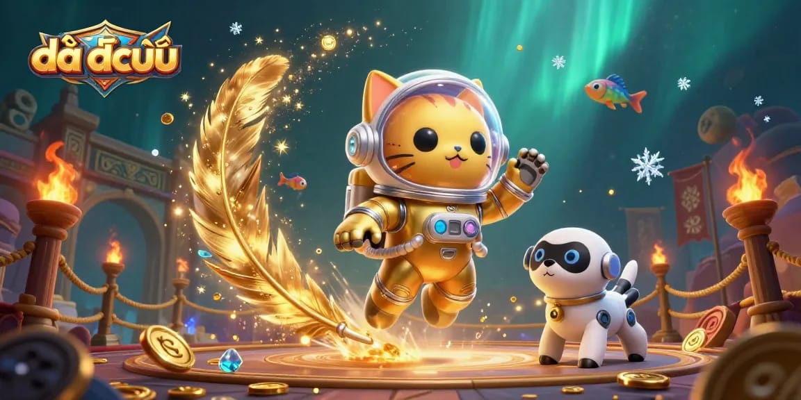 Engage in standout gameplay with đấu địa chủ featuring a vibrant 3D illustration of a space cat and robotic companions.