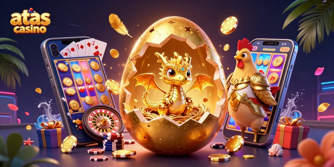 Experience vibrant action at atas casino with a dragon amidst gaming thrills and golden riches.