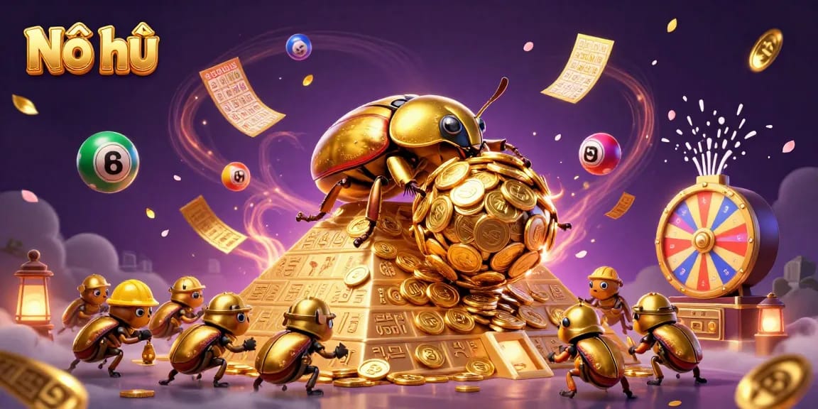 Nổ hũ jackpot scene featuring golden beetles, coins, and vibrant lottery elements in a rich atmosphere.