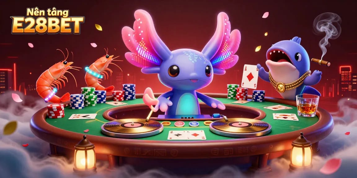 Engage in thrilling gaming at Nền tảng E28BET with vibrant cartoon action at an underwater casino.