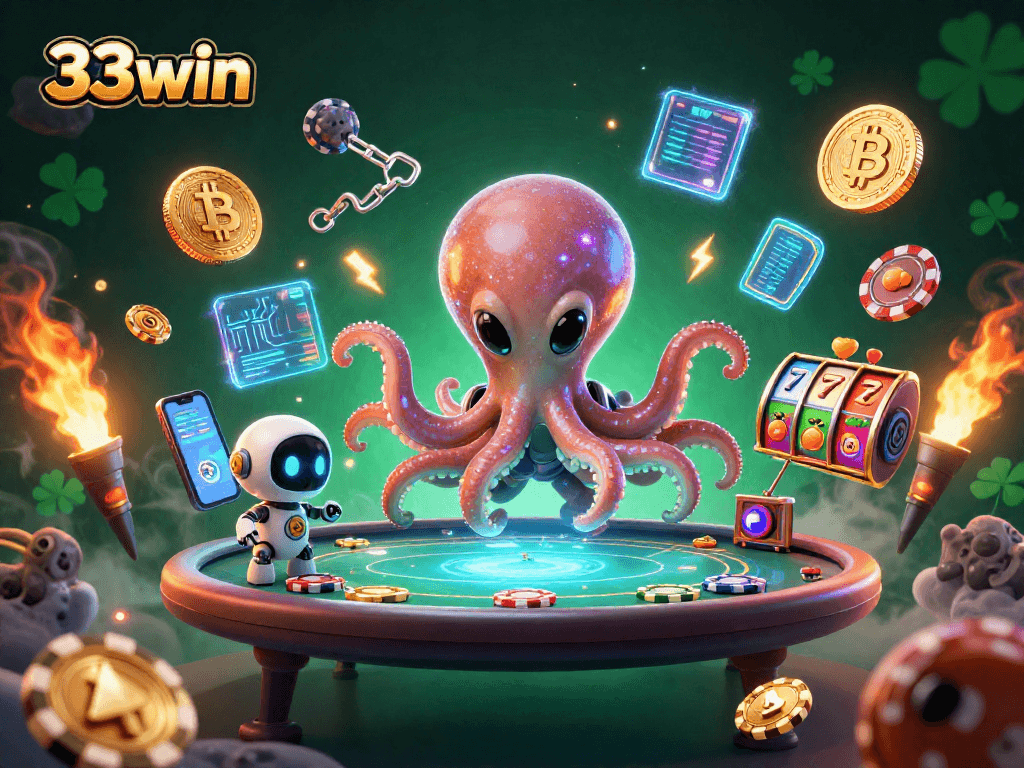 Play poker with 33win as a 3D cartoon alien octopus uses holographic tables and crypto elements.