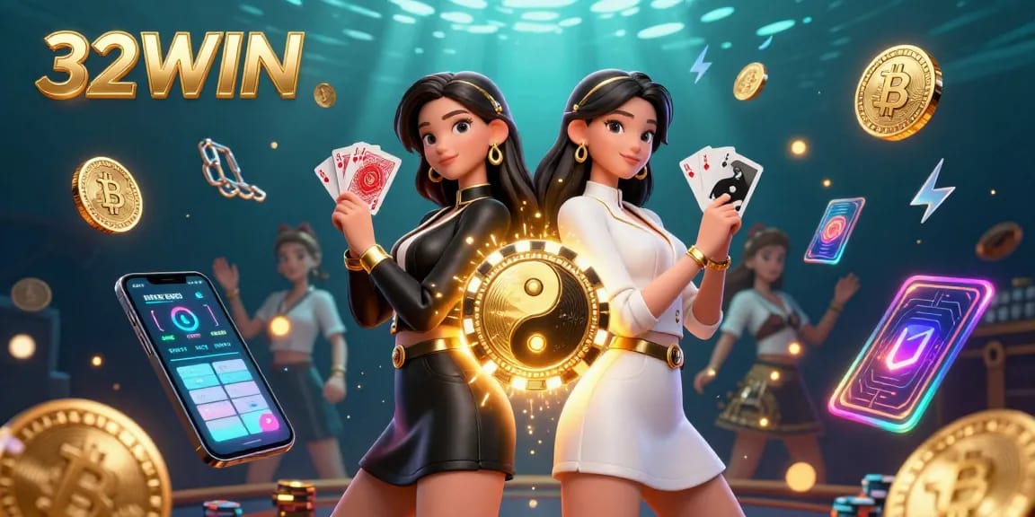 Engage with winning strategies at 32WIN, showcasing stunning twin Asian women with casino elements.
