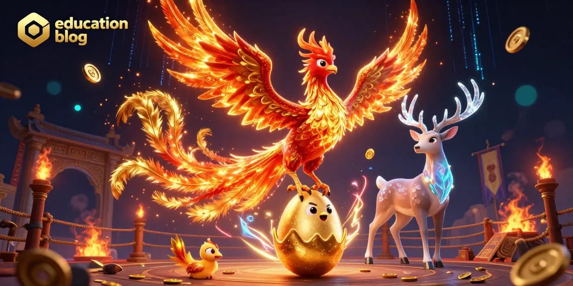 Experience the gambling thrill on this education blog featuring a phoenix and mystical stag in action.