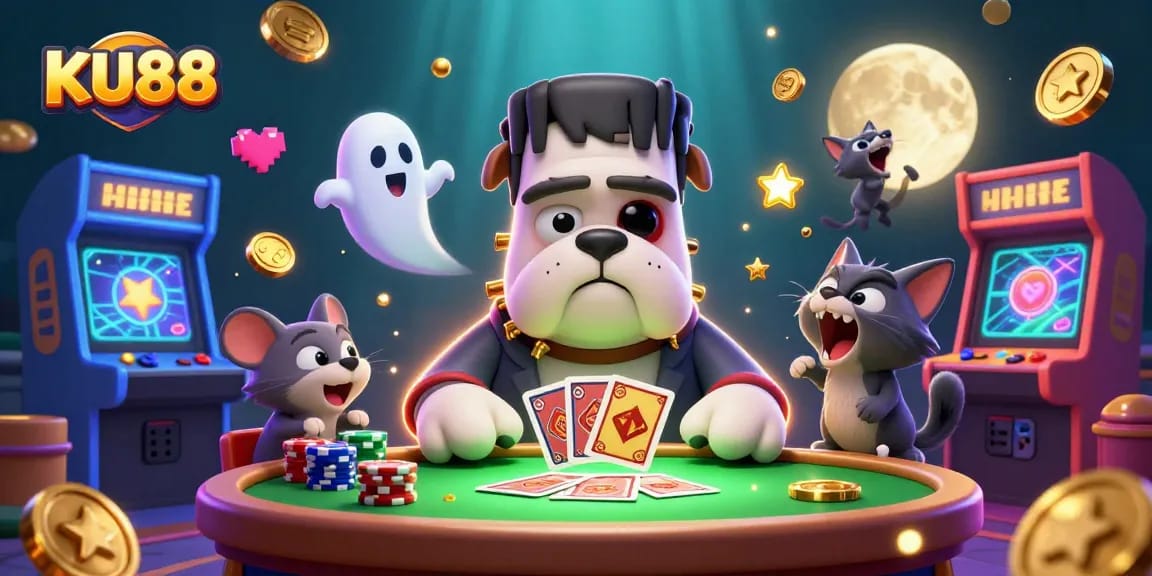 Bet big with KU88 as Frankenstein bulldog deals cards amidst glowing casino elements.
