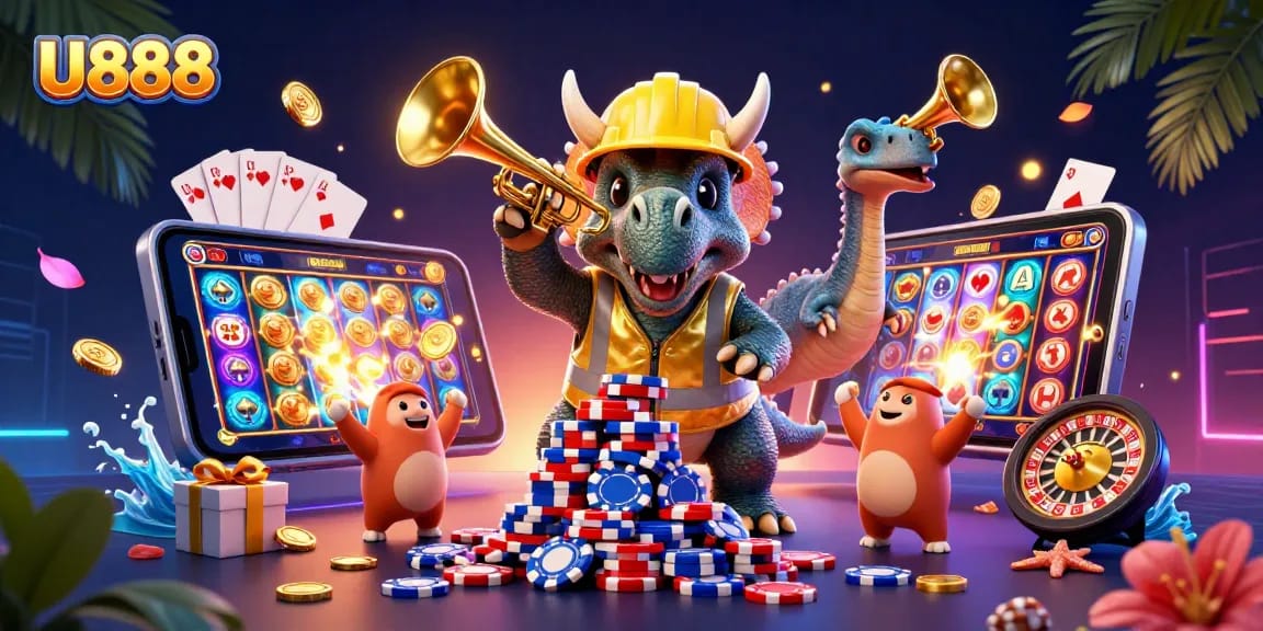 Engage with U888's thrilling slots experience, featuring vibrant casino elements and dynamic characters.