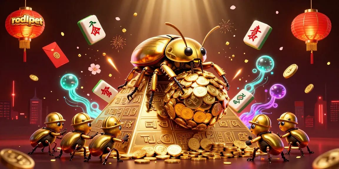 Rodipet features a golden beetle rolling coins, symbolizing winning strategies in online casinos.
