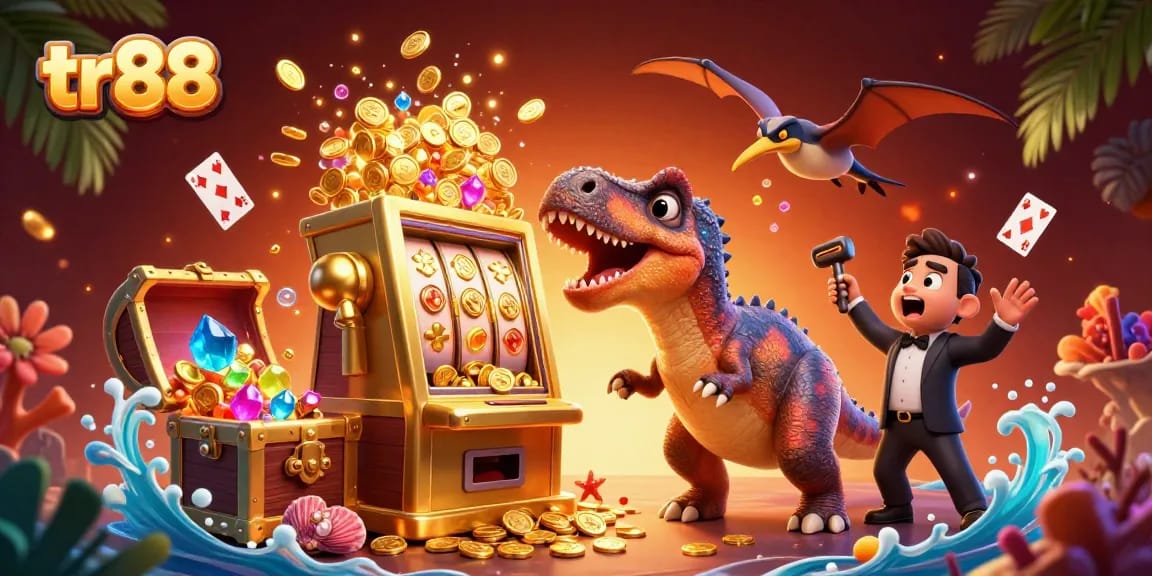 tr88 slots scene with a dinosaur headbutting a jackpot machine amidst falling coins and a casino manager.