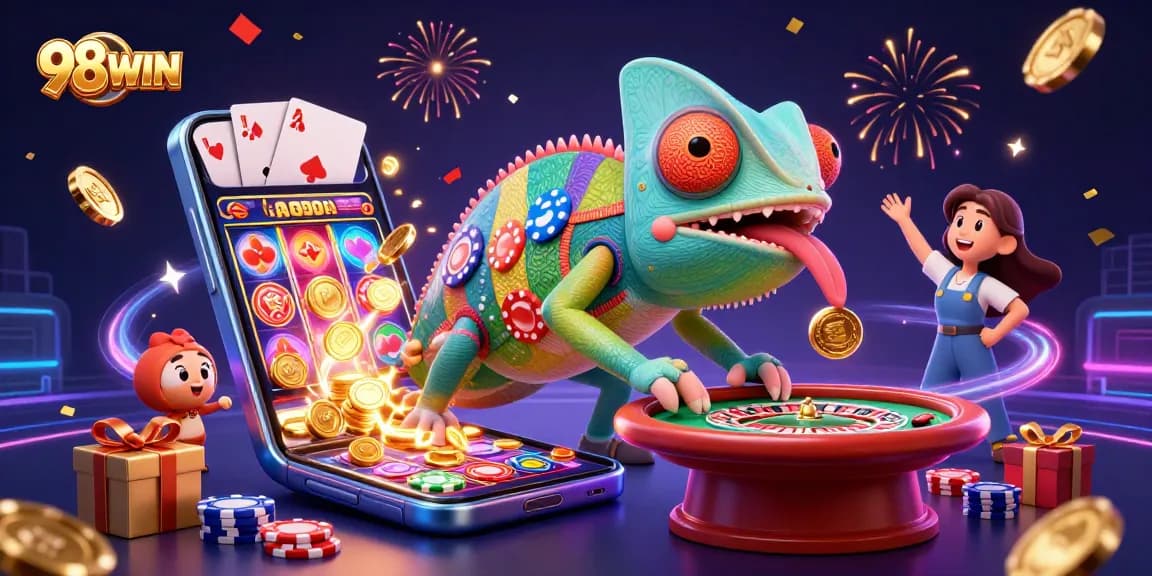 Play and win exciting games at 98WIN with a vibrant casino illustration filled with action.