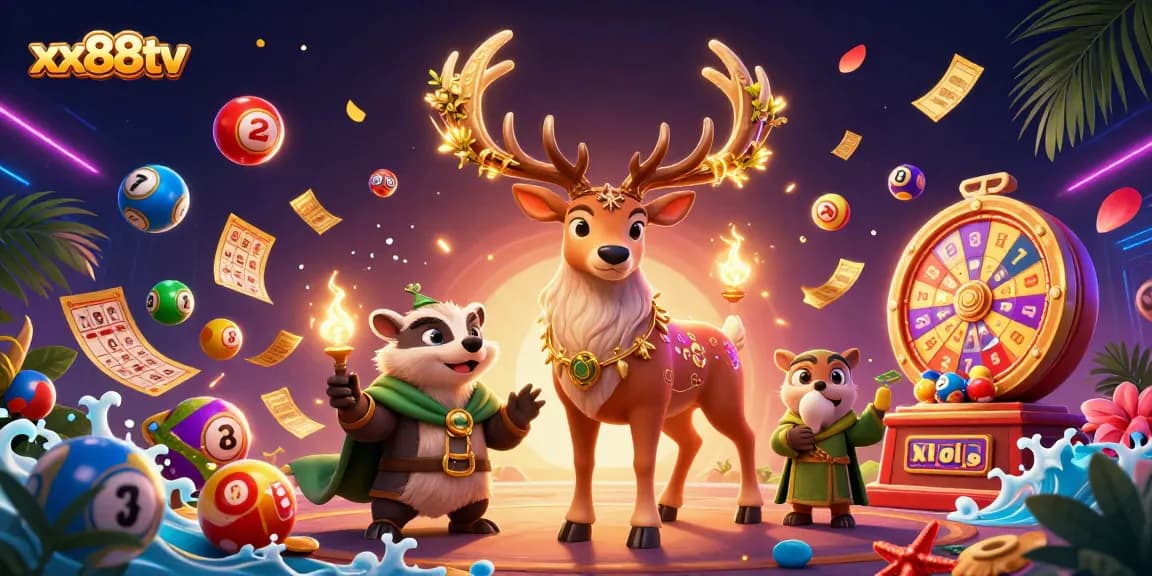 Experience the excitement of xx88tv with illuminated characters amidst dynamic casino elements and vibrant colors.