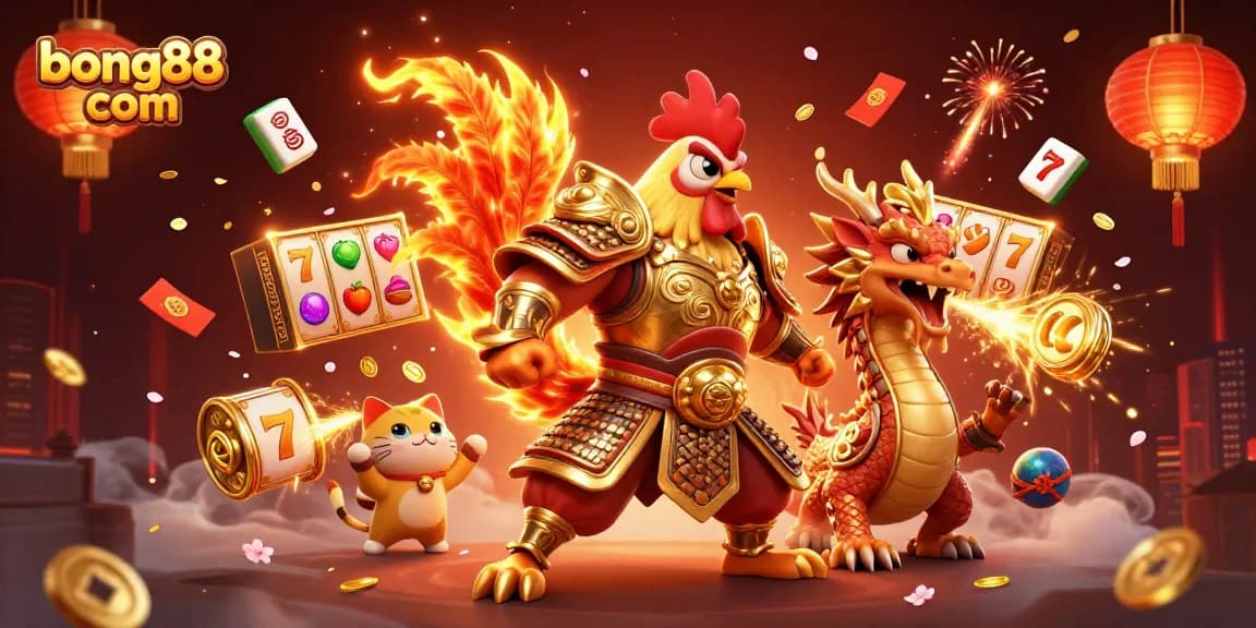 Engage in exciting slots at bong88 com, featuring dynamic 3D action with vibrant casino elements and characters.
