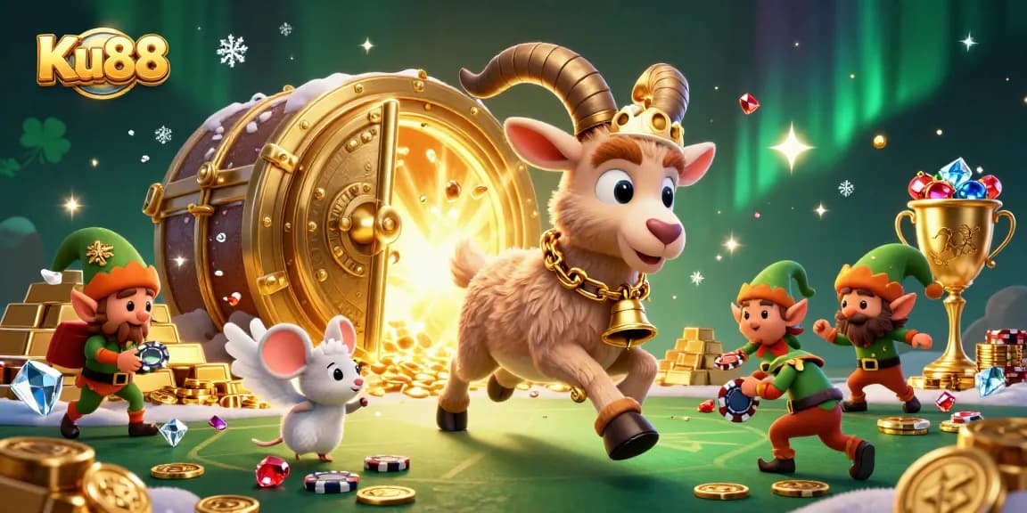 Join the exciting realm of Ku88 as festive Krampus and friends navigate a vibrant casino scene.