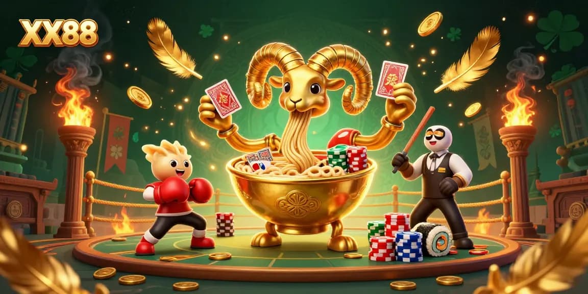 Experience thrilling action at XX88 with vibrant characters and golden elements in a lively casino atmosphere.