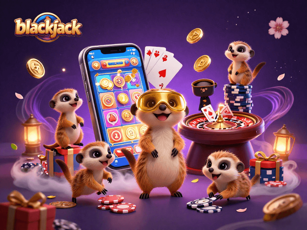 Experience the excitement of blackjack as meerkats run a lively casino, surrounded by vibrant gaming elements.
