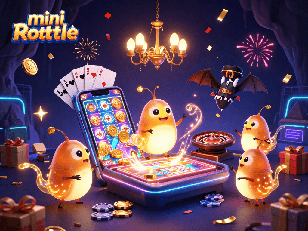 Play mini roulette with a whimsical cave scene featuring glowing characters in a vibrant casino atmosphere.