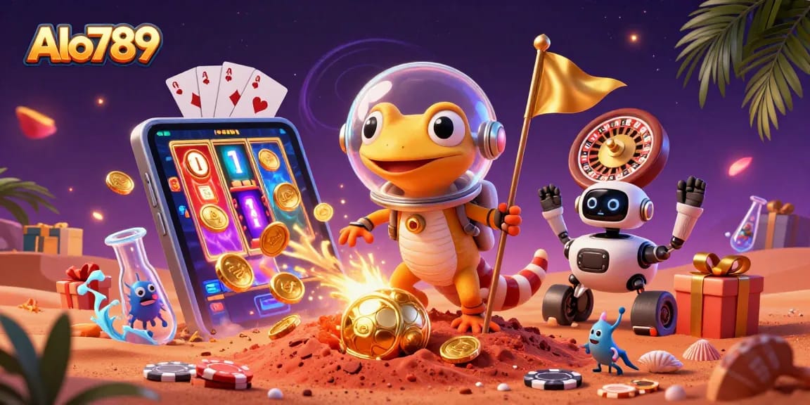 Play games with excitement at Alo789 as the gecko uncovers a hidden casino in this vibrant 3D scene.