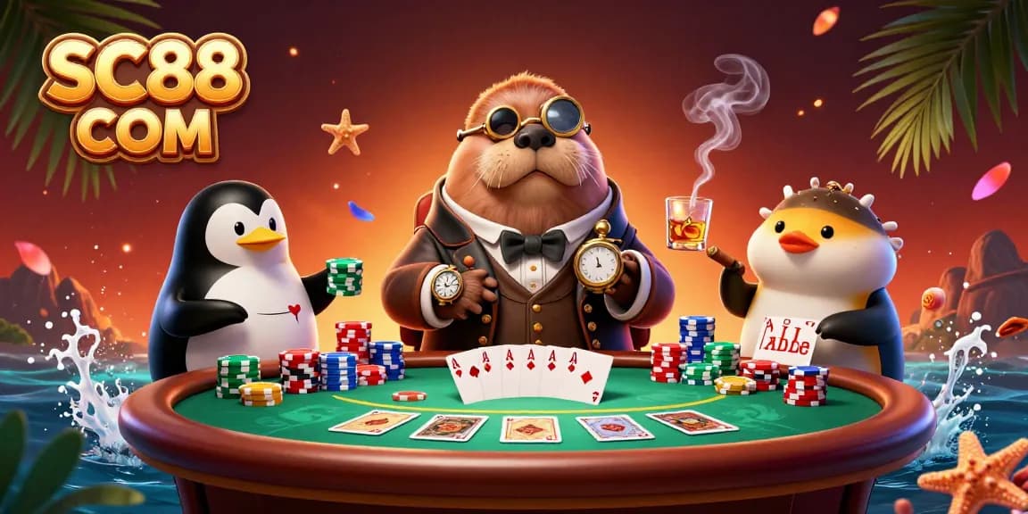 Experience thrilling gameplay at SC88 COM with a poker scene featuring a walrus, dealer penguin, and bluffing pufferfish.