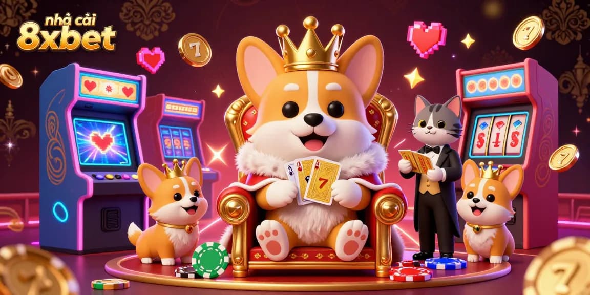 Experience fun at nhà cái 8xbet with an animated royal corgi on a poker chip throne surrounded by vibrant arcade games.