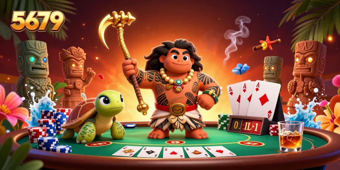 Engage with 5679 as Polynesian characters enjoy a vibrant casino poker scene.