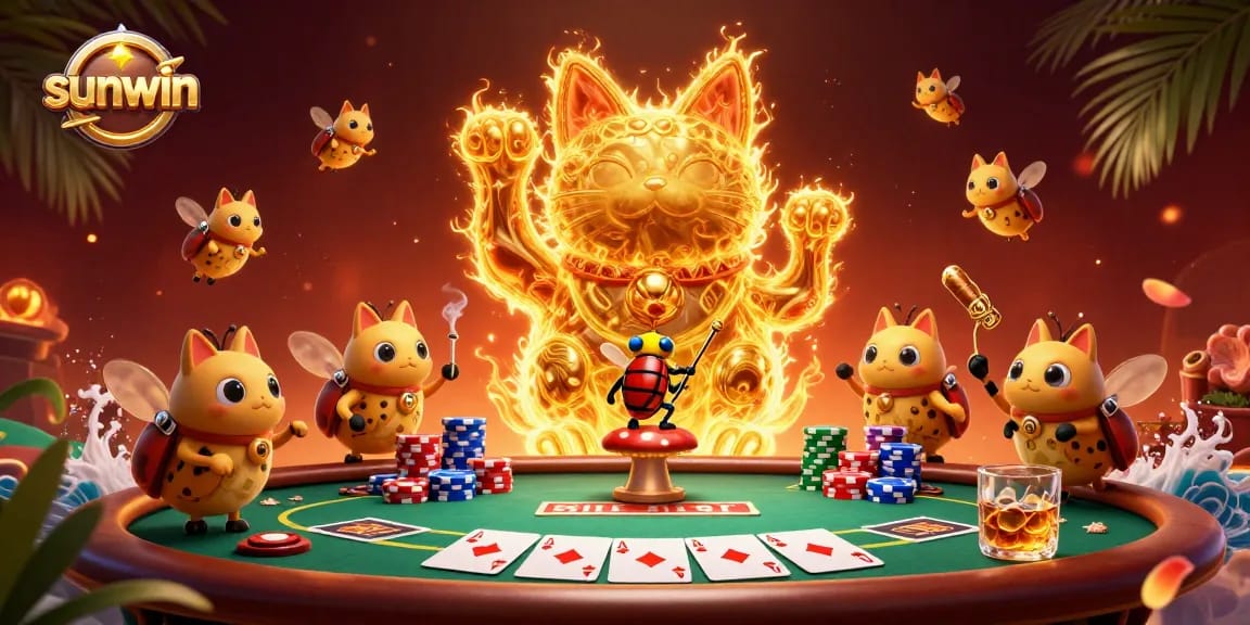 Experience thrilling action with sunwin in a vibrant casino scene featuring a lucky cat and poker elements.