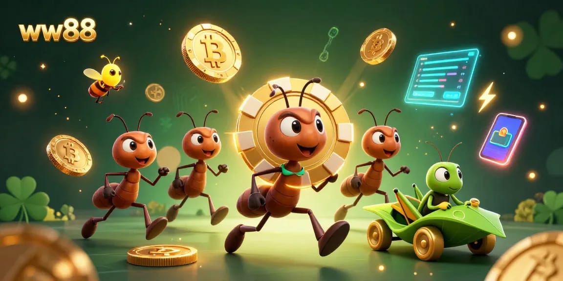 Engage in the thrilling world of WW88 with this vibrant illustration of ants heisting a giant poker chip, emphasizing casino excitement.