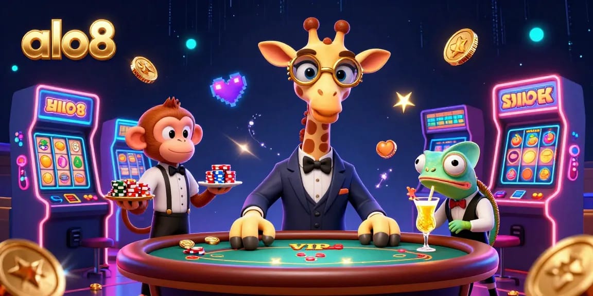 Bet on big wins with the vibrant alo8 casino scene featuring giraffe, monkey, and chameleon characters.