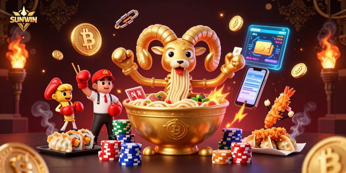 Sunny gaming action with SUNWIN as a golden bowl character deals cards and stacks chips in vibrant casino scene.