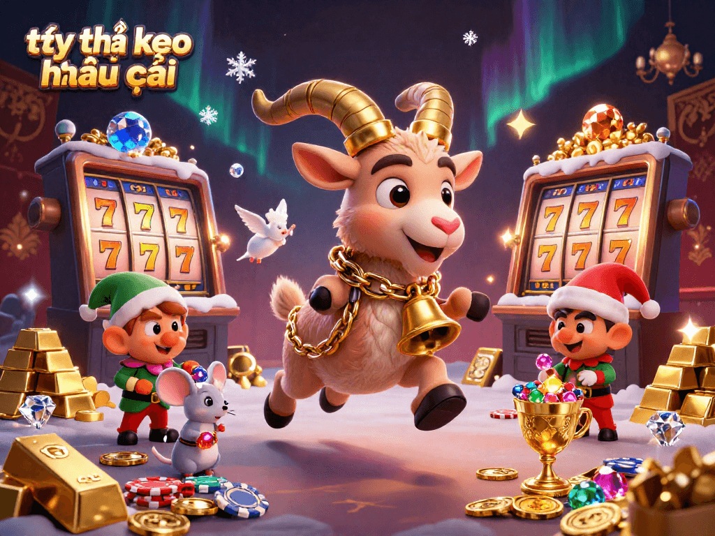 Experience thrilling action at the holiday-horror casino with tỷ lệ kèo nhà cái as festive characters engage in a wild scene.