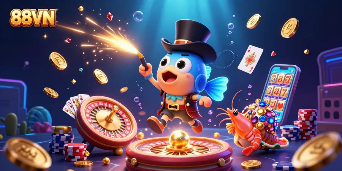 Engage with 88VN in this vibrant illustration featuring a glowing anglerfish attracting golden coins in a casino-themed underwater adventure.