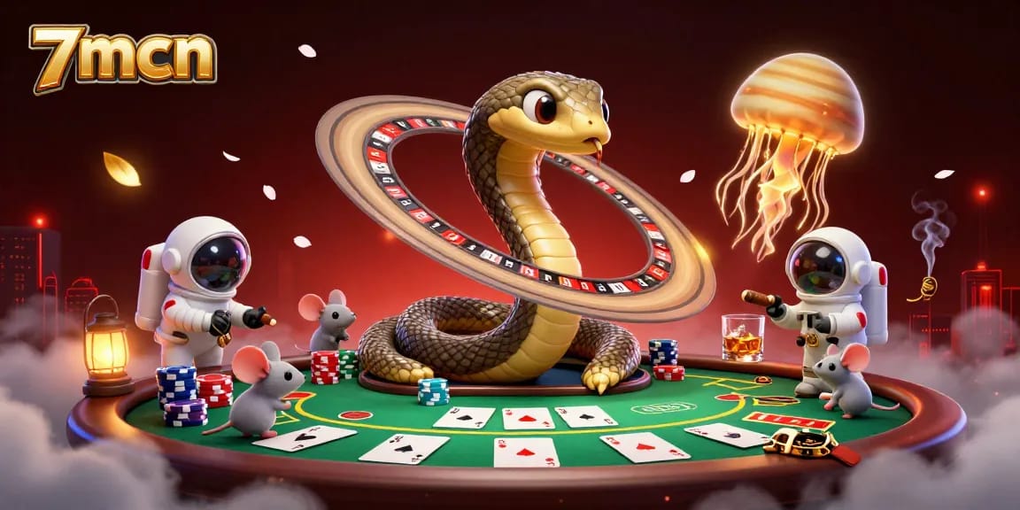 Experience the thrill of 7mcn gambling with animated characters and vibrant casino elements in a cosmic scene.